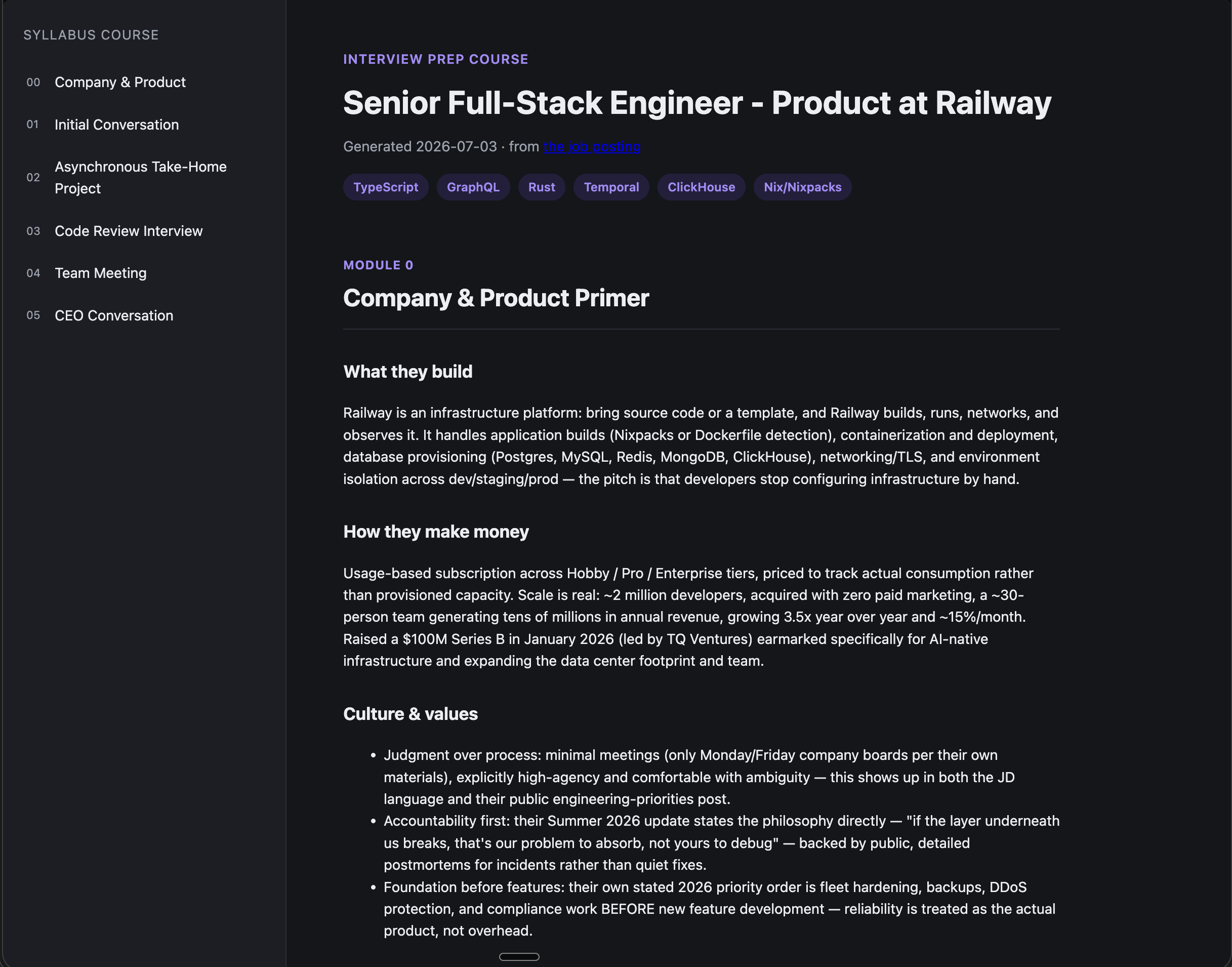 Syllabus-generated course for a Railway job posting, showing the module sidebar and rendered company primer
